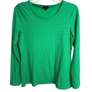 Talbots Polka Dot Top Women Size Med Green Long Sleeve Crew Neck Cotton Blend D3